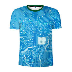 Мужская футболка 3D спортивная с принтом Системная плата в Новосибирске, 100% полиэстер с улучшенными характеристиками | приталенный силуэт, круглая горловина, широкие плечи, сужается к линии бедра | Тематика изображения на принте: кибер | микросхема | синий