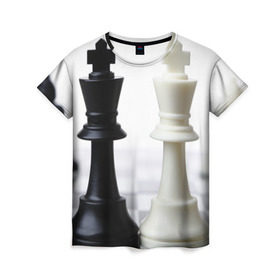Женская футболка 3D с принтом Шахматы в Новосибирске, 100% полиэфир ( синтетическое хлопкоподобное полотно) | прямой крой, круглый вырез горловины, длина до линии бедер | белая | черная | шахматы