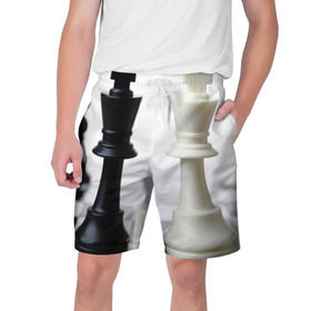 Мужские шорты 3D с принтом Шахматы в Новосибирске,  полиэстер 100% | прямой крой, два кармана без застежек по бокам. Мягкая трикотажная резинка на поясе, внутри которой широкие завязки. Длина чуть выше колен | Тематика изображения на принте: белая | черная | шахматы
