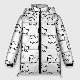 Женская зимняя куртка 3D с принтом Undertale Annoying dog white в Новосибирске, верх — 100% полиэстер; подкладка — 100% полиэстер; утеплитель — 100% полиэстер | длина ниже бедра, силуэт Оверсайз. Есть воротник-стойка, отстегивающийся капюшон и ветрозащитная планка. 

Боковые карманы с листочкой на кнопках и внутренний карман на молнии | 8 bit | annoying dog | dog | pixel art | undertale | white