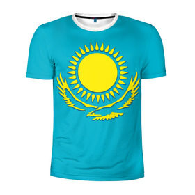 Мужская футболка 3D спортивная с принтом Казахстан в Новосибирске, 100% полиэстер с улучшенными характеристиками | приталенный силуэт, круглая горловина, широкие плечи, сужается к линии бедра | Тематика изображения на принте: герб | казахстан | флаг