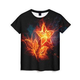 Женская футболка 3D с принтом Огненный цветок в Новосибирске, 100% полиэфир ( синтетическое хлопкоподобное полотно) | прямой крой, круглый вырез горловины, длина до линии бедер | Тематика изображения на принте: звезда | искры | огненный цветок | огонь | пламя | пожар