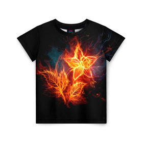Детская футболка 3D с принтом Огненный цветок в Новосибирске, 100% гипоаллергенный полиэфир | прямой крой, круглый вырез горловины, длина до линии бедер, чуть спущенное плечо, ткань немного тянется | Тематика изображения на принте: звезда | искры | огненный цветок | огонь | пламя | пожар