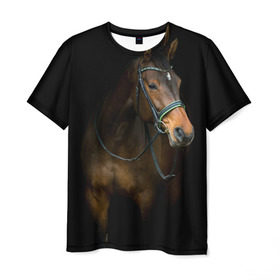 Мужская футболка 3D с принтом Породистый жеребец в Новосибирске, 100% полиэфир | прямой крой, круглый вырез горловины, длина до линии бедер | жеребец | животные | конь | лошадка | лошадь | погоня | седло | скакун | скачки | узда