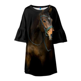 Детское платье 3D с принтом Породистый жеребец в Новосибирске, 100% полиэстер | прямой силуэт, чуть расширенный к низу. Круглая горловина, на рукавах — воланы | Тематика изображения на принте: жеребец | животные | конь | лошадка | лошадь | погоня | седло | скакун | скачки | узда