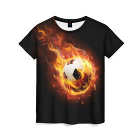 Женская футболка 3D с принтом Страсть к футболу в Новосибирске, 100% полиэфир ( синтетическое хлопкоподобное полотно) | прямой крой, круглый вырез горловины, длина до линии бедер | игра | искры | мяч | огонь | пламя | спорт | страсть | фанат | футбол | футболист