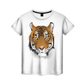 Женская футболка 3D с принтом Морда тигра в Новосибирске, 100% полиэфир ( синтетическое хлопкоподобное полотно) | прямой крой, круглый вырез горловины, длина до линии бедер | Тематика изображения на принте: зверь | кошка | полосы | тигр | хищник