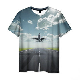 Мужская футболка 3D с принтом Самолет в Новосибирске, 100% полиэфир | прямой крой, круглый вырез горловины, длина до линии бедер | взлет | небо | природа