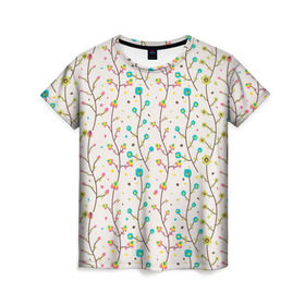 Женская футболка 3D с принтом Цветочные лианы в Новосибирске, 100% полиэфир ( синтетическое хлопкоподобное полотно) | прямой крой, круглый вырез горловины, длина до линии бедер | весна | лианы | цвета | цветы