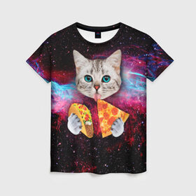 Женская футболка 3D с принтом Кот с едой в Новосибирске, 100% полиэфир ( синтетическое хлопкоподобное полотно) | прямой крой, круглый вырез горловины, длина до линии бедер | art | cat | pizza | space | еда | космос | кот | кот в космосе | кот с едой | котенок | котик | пицца