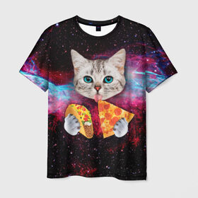 Мужская футболка 3D с принтом Кот с едой в Новосибирске, 100% полиэфир | прямой крой, круглый вырез горловины, длина до линии бедер | Тематика изображения на принте: art | cat | pizza | space | еда | космос | кот | кот в космосе | кот с едой | котенок | котик | пицца