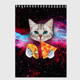Скетчбук с принтом Кот с едой в Новосибирске, 100% бумага
 | 48 листов, плотность листов — 100 г/м2, плотность картонной обложки — 250 г/м2. Листы скреплены сверху удобной пружинной спиралью | art | cat | pizza | space | еда | космос | кот | кот в космосе | кот с едой | котенок | котик | пицца