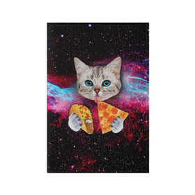 Обложка для паспорта матовая кожа с принтом Кот с едой в Новосибирске, натуральная матовая кожа | размер 19,3 х 13,7 см; прозрачные пластиковые крепления | Тематика изображения на принте: art | cat | pizza | space | еда | космос | кот | кот в космосе | кот с едой | котенок | котик | пицца