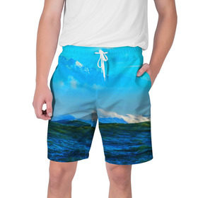Мужские шорты 3D с принтом Море в Новосибирске,  полиэстер 100% | прямой крой, два кармана без застежек по бокам. Мягкая трикотажная резинка на поясе, внутри которой широкие завязки. Длина чуть выше колен | Тематика изображения на принте: вода | горы | море | природа | синяя