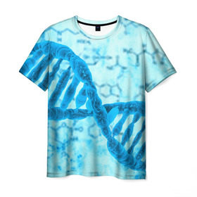 Мужская футболка 3D с принтом ДНК в Новосибирске, 100% полиэфир | прямой крой, круглый вырез горловины, длина до линии бедер | Тематика изображения на принте: абстракция | биология | днк | молекула | синяя.цепочка | формула