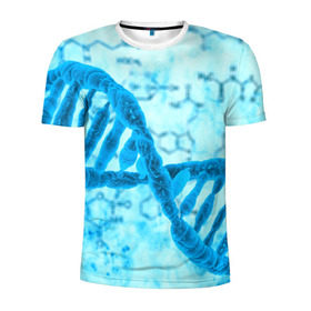 Мужская футболка 3D спортивная с принтом ДНК в Новосибирске, 100% полиэстер с улучшенными характеристиками | приталенный силуэт, круглая горловина, широкие плечи, сужается к линии бедра | абстракция | биология | днк | молекула | синяя.цепочка | формула