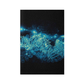 Обложка для паспорта матовая кожа с принтом Молекула в Новосибирске, натуральная матовая кожа | размер 19,3 х 13,7 см; прозрачные пластиковые крепления | абстракция | биология | днк | молекула | синяя.цепочка | формула