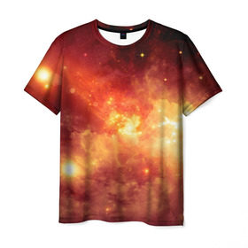 Мужская футболка 3D с принтом Пылающий космос в Новосибирске, 100% полиэфир | прямой крой, круглый вырез горловины, длина до линии бедер | Тематика изображения на принте: вселенная | вспышка | галактика | звёзды | комета | космос | метеориты | метеоры | огонь | пламя | планеты | свет