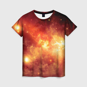 Женская футболка 3D с принтом Пылающий космос в Новосибирске, 100% полиэфир ( синтетическое хлопкоподобное полотно) | прямой крой, круглый вырез горловины, длина до линии бедер | вселенная | вспышка | галактика | звёзды | комета | космос | метеориты | метеоры | огонь | пламя | планеты | свет