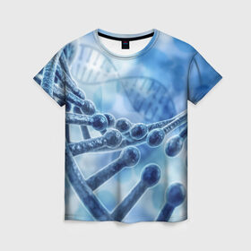 Женская футболка 3D с принтом Молекула ДНК в Новосибирске, 100% полиэфир ( синтетическое хлопкоподобное полотно) | прямой крой, круглый вырез горловины, длина до линии бедер | dna | биохимия | внешность | ген | генетика | днк | молекула | наследственность | спираль | способности | структура | характер | черты