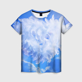 Женская футболка 3D с принтом Сердце в Новосибирске, 100% полиэфир ( синтетическое хлопкоподобное полотно) | прямой крой, круглый вырез горловины, длина до линии бедер | голубая | любовь | небо | новая | перья | сердце