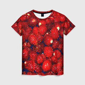 Женская футболка 3D с принтом Земляника в Новосибирске, 100% полиэфир ( синтетическое хлопкоподобное полотно) | прямой крой, круглый вырез горловины, длина до линии бедер | земляника | клубника | красный | лето | природа | ягода