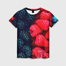 Женская футболка 3D с принтом Ягоды в Новосибирске, 100% полиэфир ( синтетическое хлопкоподобное полотно) | прямой крой, круглый вырез горловины, длина до линии бедер | клубника | красный | лето | природа | ягода