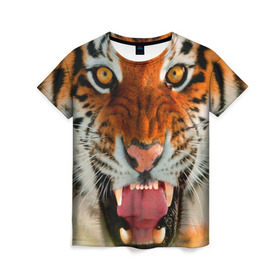 Женская футболка 3D с принтом Амурский тигр в Новосибирске, 100% полиэфир ( синтетическое хлопкоподобное полотно) | прямой крой, круглый вырез горловины, длина до линии бедер | амур | голова | животные | кошка | оскал | тигр