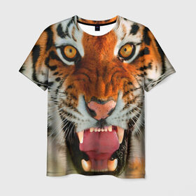 Мужская футболка 3D с принтом Амурский тигр в Новосибирске, 100% полиэфир | прямой крой, круглый вырез горловины, длина до линии бедер | Тематика изображения на принте: амур | голова | животные | кошка | оскал | тигр