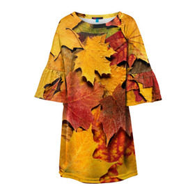 Детское платье 3D с принтом Осень на дворе в Новосибирске, 100% полиэстер | прямой силуэт, чуть расширенный к низу. Круглая горловина, на рукавах — воланы | Тематика изображения на принте: бордовый | жёлтый | красный | листва | листья