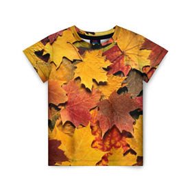 Детская футболка 3D с принтом Осень на дворе в Новосибирске, 100% гипоаллергенный полиэфир | прямой крой, круглый вырез горловины, длина до линии бедер, чуть спущенное плечо, ткань немного тянется | Тематика изображения на принте: бордовый | жёлтый | красный | листва | листья