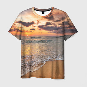 Мужская футболка 3D с принтом Огненный закат в Новосибирске, 100% полиэфир | прямой крой, круглый вырез горловины, длина до линии бедер | Тематика изображения на принте: закат | море | небо | океан | рассвет