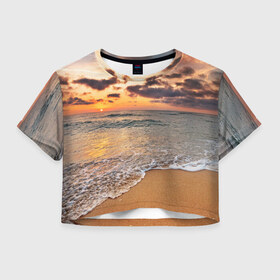Женская футболка 3D укороченная с принтом Огненный закат в Новосибирске, 100% полиэстер | круглая горловина, длина футболки до линии талии, рукава с отворотами | Тематика изображения на принте: закат | море | небо | океан | рассвет