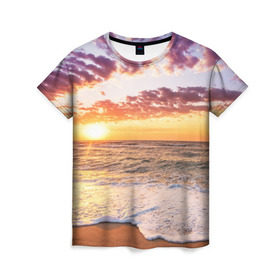 Женская футболка 3D с принтом Sunset в Новосибирске, 100% полиэфир ( синтетическое хлопкоподобное полотно) | прямой крой, круглый вырез горловины, длина до линии бедер | волны | закат | море | небо | океан | рассвет | солнце