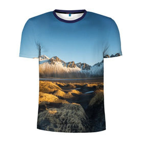 Мужская футболка 3D спортивная с принтом Горный хребет в Новосибирске, 100% полиэстер с улучшенными характеристиками | приталенный силуэт, круглая горловина, широкие плечи, сужается к линии бедра | Тематика изображения на принте: горы | небо | пейзаж | скалы | хребет
