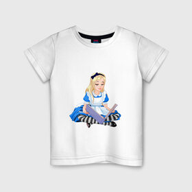 Детская футболка хлопок с принтом Алиса в стране чудес в Новосибирске, 100% хлопок | круглый вырез горловины, полуприлегающий силуэт, длина до линии бедер | Тематика изображения на принте: алиса | блондинка | в стране чудес | девочка | книга | мультик | сказка
