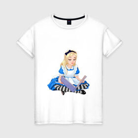Женская футболка хлопок с принтом Алиса в стране чудес в Новосибирске, 100% хлопок | прямой крой, круглый вырез горловины, длина до линии бедер, слегка спущенное плечо | алиса | блондинка | в стране чудес | девочка | книга | мультик | сказка