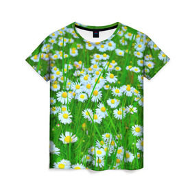 Женская футболка 3D с принтом Ромашки в Новосибирске, 100% полиэфир ( синтетическое хлопкоподобное полотно) | прямой крой, круглый вырез горловины, длина до линии бедер | поле | природа | ромашка | цветы