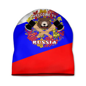 Шапка 3D с принтом Добро пожаловать в Россию в Новосибирске, 100% полиэстер | универсальный размер, печать по всей поверхности изделия | russia | welcome | медведь | россия | хохлома