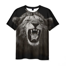 Мужская футболка 3D с принтом Разъярённый лев в Новосибирске, 100% полиэфир | прямой крой, круглый вырез горловины, длина до линии бедер | власть | дикая кошка | животное | король джунглей | лев | львица | мощь | мудрость | охотник | сила | хитрость | хищник | царь зверей