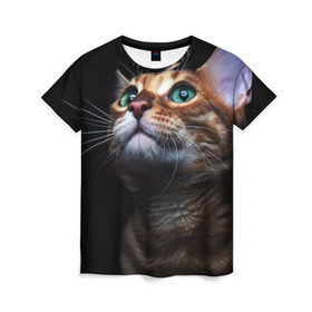 Женская футболка 3D с принтом Милый котик в Новосибирске, 100% полиэфир ( синтетическое хлопкоподобное полотно) | прямой крой, круглый вырез горловины, длина до линии бедер | кошка | темный | фото