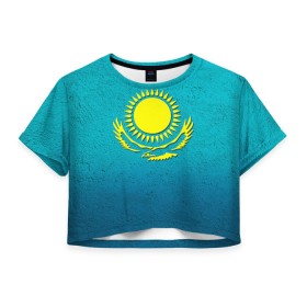 Женская футболка 3D укороченная с принтом Флаг Казахстана в Новосибирске, 100% полиэстер | круглая горловина, длина футболки до линии талии, рукава с отворотами | казах | казахский | казахстан | национальный | нация | республика | рк | флаг | флаги