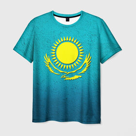 Мужская футболка 3D с принтом Флаг Казахстана в Новосибирске, 100% полиэфир | прямой крой, круглый вырез горловины, длина до линии бедер | казах | казахский | казахстан | национальный | нация | республика | рк | флаг | флаги