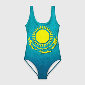 Купальник-боди 3D с принтом Флаг Казахстана в Новосибирске, 82% полиэстер, 18% эластан | Круглая горловина, круглый вырез на спине | казах | казахский | казахстан | национальный | нация | республика | рк | флаг | флаги