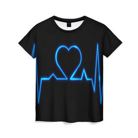 Женская футболка 3D с принтом Ритм сердца в Новосибирске, 100% полиэфир ( синтетическое хлопкоподобное полотно) | прямой крой, круглый вырез горловины, длина до линии бедер | ритм | сердце | синяя | черная | электро