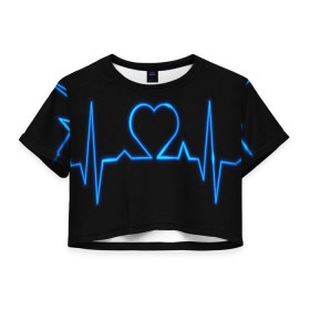 Женская футболка 3D укороченная с принтом Ритм сердца в Новосибирске, 100% полиэстер | круглая горловина, длина футболки до линии талии, рукава с отворотами | ритм | сердце | синяя | черная | электро