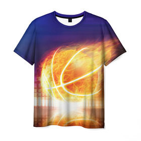 Мужская футболка 3D с принтом Огненный мяч в Новосибирске, 100% полиэфир | прямой крой, круглый вырез горловины, длина до линии бедер | streetball | баскетбол | взрыв | искры | любимая игра | моя жизнь | мяч | огонь | пламя | развлечение | страсть | тренировка | увлечение | хобби