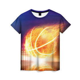 Женская футболка 3D с принтом Огненный мяч в Новосибирске, 100% полиэфир ( синтетическое хлопкоподобное полотно) | прямой крой, круглый вырез горловины, длина до линии бедер | streetball | баскетбол | взрыв | искры | любимая игра | моя жизнь | мяч | огонь | пламя | развлечение | страсть | тренировка | увлечение | хобби