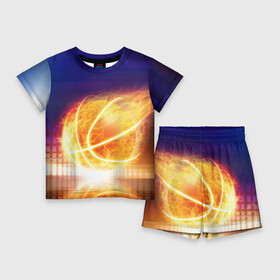 Детский костюм с шортами 3D с принтом Огненный мяч в Новосибирске,  |  | streetball | баскетбол | взрыв | искры | любимая игра | моя жизнь | мяч | огонь | пламя | развлечение | страсть | тренировка | увлечение | хобби