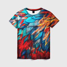 Женская футболка 3D с принтом Перья в Новосибирске, 100% полиэфир ( синтетическое хлопкоподобное полотно) | прямой крой, круглый вырез горловины, длина до линии бедер | красный | текстура | цветной | яркий